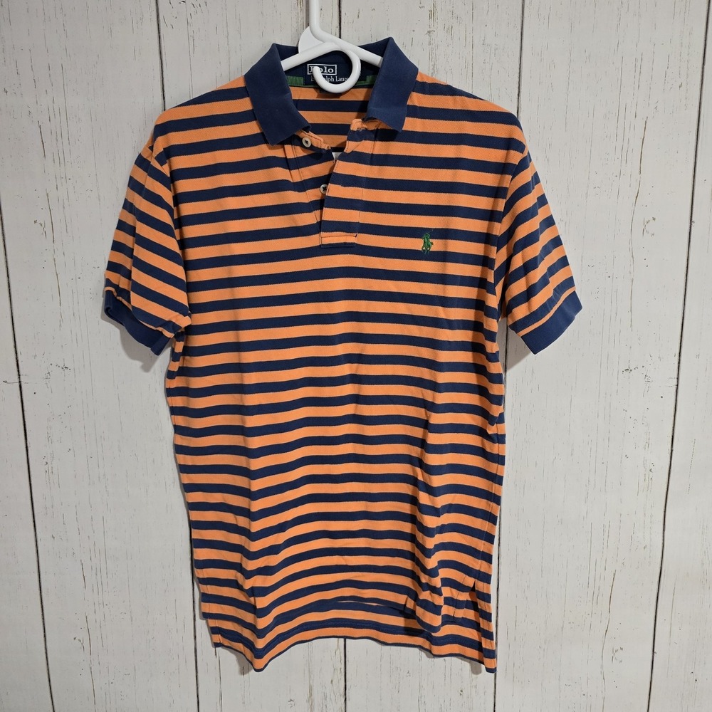 Polo Ralph Lauren‎ Mens Small Orange Blue Striped Polo Shirt Green Pony